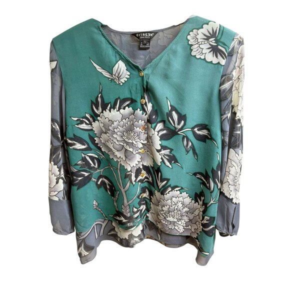Citron Santa Monica Teal Silk Floral Print Kimono Inspired Blouse - Picture 3 of 8